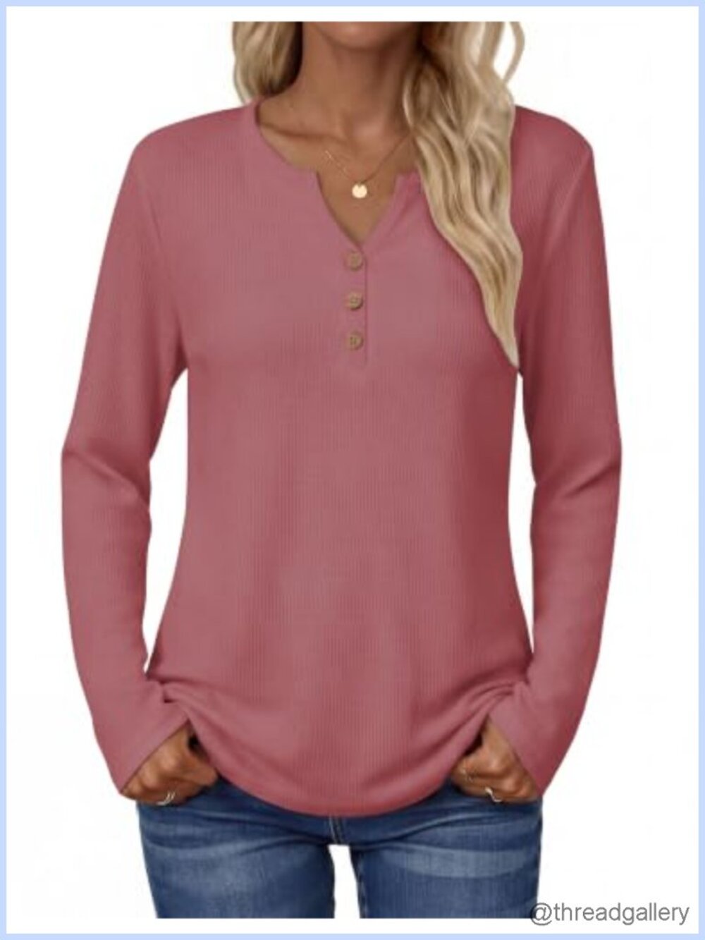 Waffle Knit Long Sleeve Henley V Neck Tunic Top Loose Fit Casual Fall